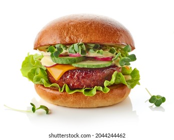 Fresh vegan burger with plant based meat free cutlet isolated on white background