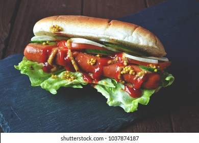 Fresh Vegan Hot Dog . Hotdog With Soy Sausages, Fresh Salad, Cucumbers, Tomatoes And Onions