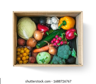 Fresh Vegetable Delivery Box Isolated On White Background, Top View