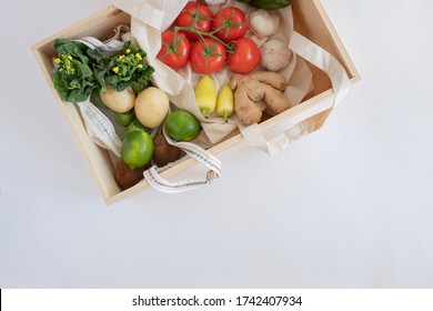 Fresh Vegetable And Fruit In The Wood Box For Healthy Vegan Diet Concept And Product Delivery.