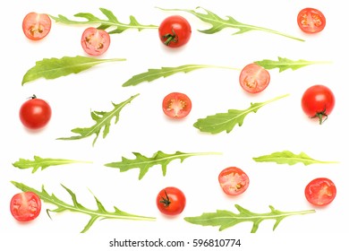 Fresh Vegetable, Green Arugula, Cut Cherry Tomato Red Color Isolated On White Background