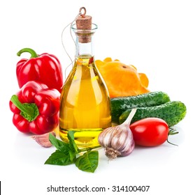 Fresh Vegetable With Olive Oil. Isolated On White Background