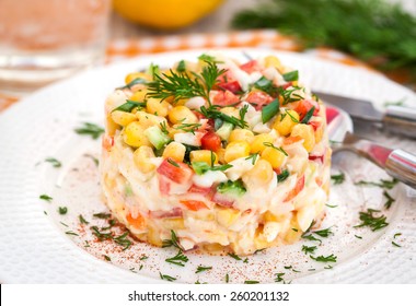 Fresh Vegetable Salad With Corn, Pepper, Crab, Cucumber, Eggs And Mayonnaise