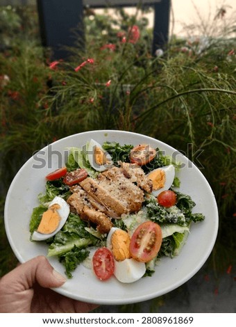 A fresh vegetable salad served with a boiled egg and crispy fried chicken - a complete, protein-rich meal packed with essential nutrients 