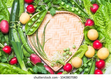 Fresh vegetables background heart shape copy space.Healthy clean eating, dieting, love organic vegetables concept.