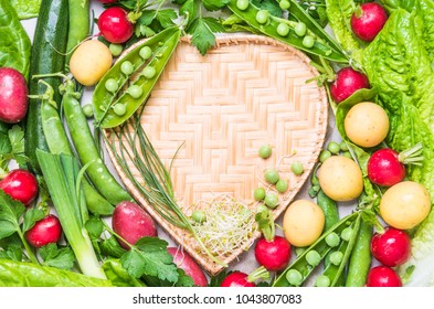 Fresh vegetables background heart shape copy space.Healthy clean eating, dieting, love organic vegetables concept.