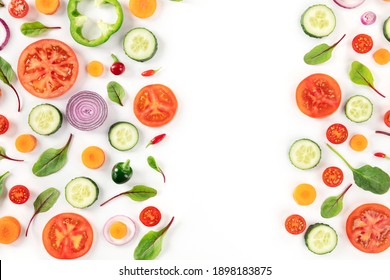 Fresh Vegetables Background With A Place For Text, A Flat Lay On White, Vibrant Food Pattern, Top Shot