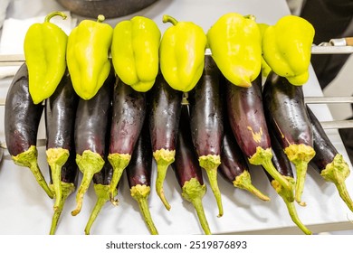 fresh vegetables bell peppers and eggplants skewered on kitchen counter before grilling them on grill - Powered by Shutterstock