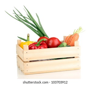 Fresh Vegetables In Crate Isolated On White