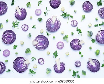 Fresh vegetables in a cut on a white background. Pattern from vegetables. Food background. Cut red cabbage. 