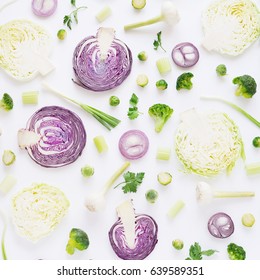 Fresh Vegetables In A Cut On A White Background. Pattern From Vegetables. Food Background. Cut Red Cabbage. 