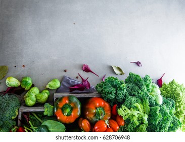 Fresh Vegetables Flatlay Overhead Frame. Food Layout. Vegetables Variety