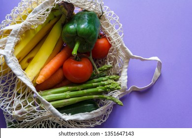 Fresh Vegetables And Fruit In Reusable Shopping Bag