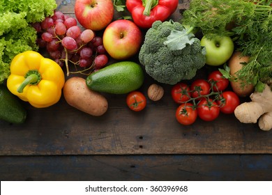 Fresh Vegetables And Fruits Background, Food Top View