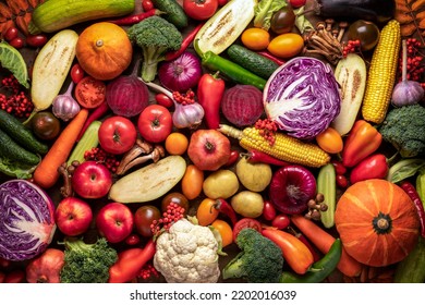 fresh vegetables and fruits background mix assorted. Autumn harvest healthy vegan nutrition and weight loss. multicolor color background - Shutterstock ID 2202016039