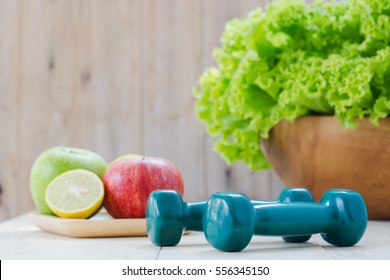 Fresh Vegetables With Fruits And Dumbbells On Wooden Background, Healthy Food And Exercise, Fresh Vegetables That Good For The Health 