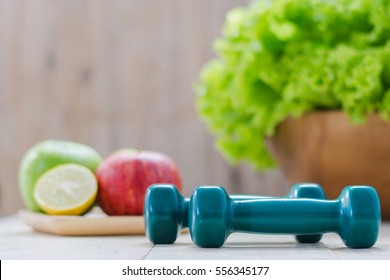 Fresh Vegetables With Fruits And Dumbbells On Wooden Background, Healthy Food And Exercise, Fresh Vegetables That Good For The Health 