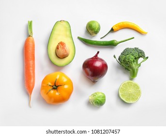 Fresh Vegetables And Fruits On White Background, Top View