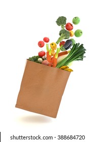Fresh vegetables and fruits in a paper grocery bag - isolated over white background  - Shutterstock ID 388684720