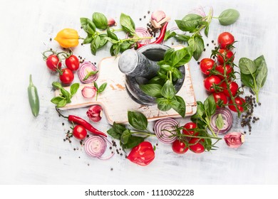 Fresh vegetables and herbs. Healthy food background. Top view 