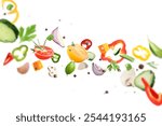Fresh vegetables, herbs and spices in air on white background
