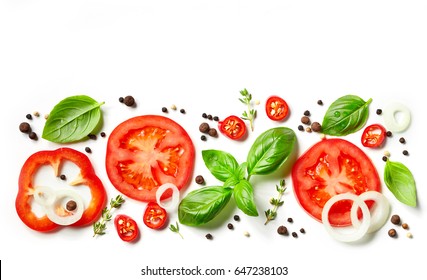 Fresh Vegetables, Herbs And Spices Isolated On White Background