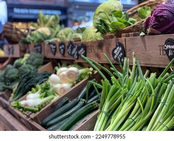 Fresh vegetables on sale at stall in Borough Market, London, UK. Fresh vegetables on sale at stall in Borough Market, one of the largest and oldest food markets in London. A variety of vegetables disp - Powered by Shutterstock