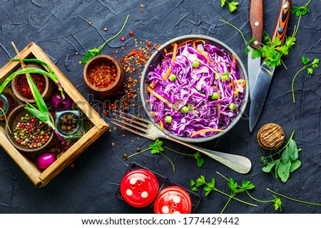 Fresh vegetables salad with purple cabbage.Coleslaw in a bowl