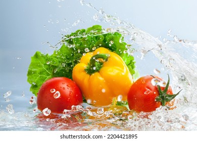 fresh vegetables in splashing water on blue background. - Powered by Shutterstock