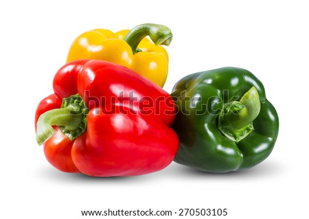 Fresh vegetables Three sweet Red, Yellow, Green Peppers isolated on white background.