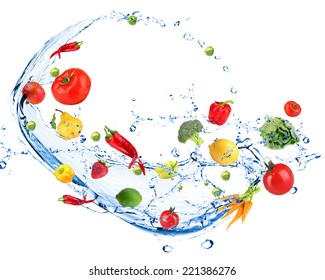 Fresh Vegetables With Water Splash, Isolated On White