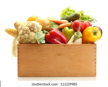 Fresh Vegetables In Wooden Box Isolated On White