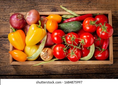 Fresh Vegetables In A Wooden Box, Top View