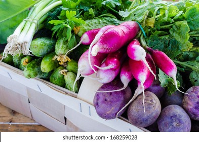 Fresh Vegetables In The Wooden Veneer Basket