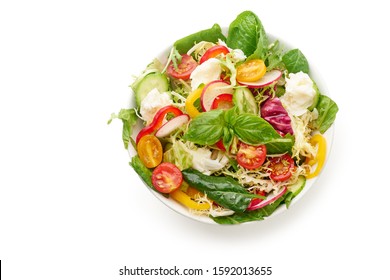 Fresh Vegetarian Salad With Mozarella Cheese Isolated On White Background. Overhead Shot, Copy Space