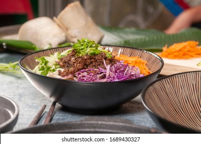 Fresh Vegetarian Vegan Salad Bowl And Chopsticks. Burrito Background Table Setting. High Angle