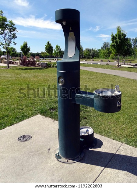 A fresh water dispenser for animals, people and water\
bottle replenishment located in a park                          \
