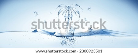 Fresh water shaped desert mountains with palm and birds