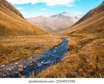 Fresh water stream as a leading lines between the yellow field and complex hills on autumn mountains background, walking view at Juta, Georgia. Dry grass on small mountain, beauty landscape. - Powered by Shutterstock