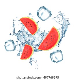 Fresh watermelon falling in water with splash and ice cubes on white background.