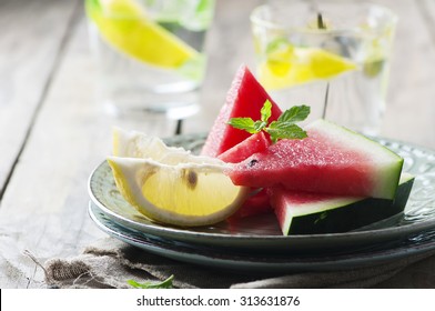 Fresh Watermelon And Lemon On The Wooden Table, Selective Focus