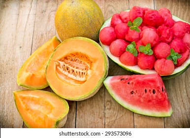 Fresh Watermelon (melon) And Cantaloupe On Table 