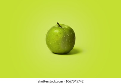 Fresh And Wet Green Apples On The Green Color Background, Water Drops