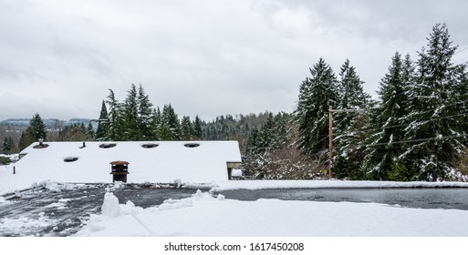 Fresh Wet Snow On A Flat Carport Roof, No People, Residential Neighborhood