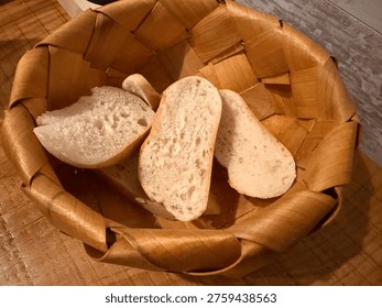 fresh white bread slices in a rustic woven basket on a wooden surface for text banner
