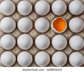 Fresh white eggs with yolk on cardboard tray