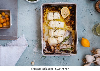 Fresh White Fillet Fish Baked In Oven Sheet. Top View.