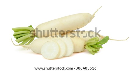 fresh white radish with slices isolated on white background