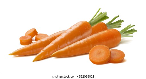 Fresh whole carrot group with pieces isolated on white background as package design element