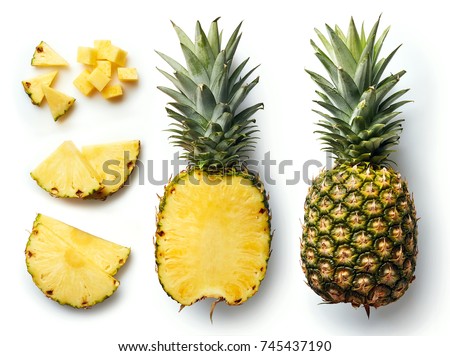 Fresh whole and cut pineapple isolated on white background. From top view